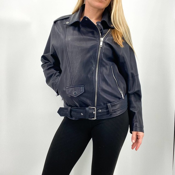 NWT LTH JKT Zoe Batwing Biker Leather Moto Navy Blue Jacket Size Small - Picture 15 of 16